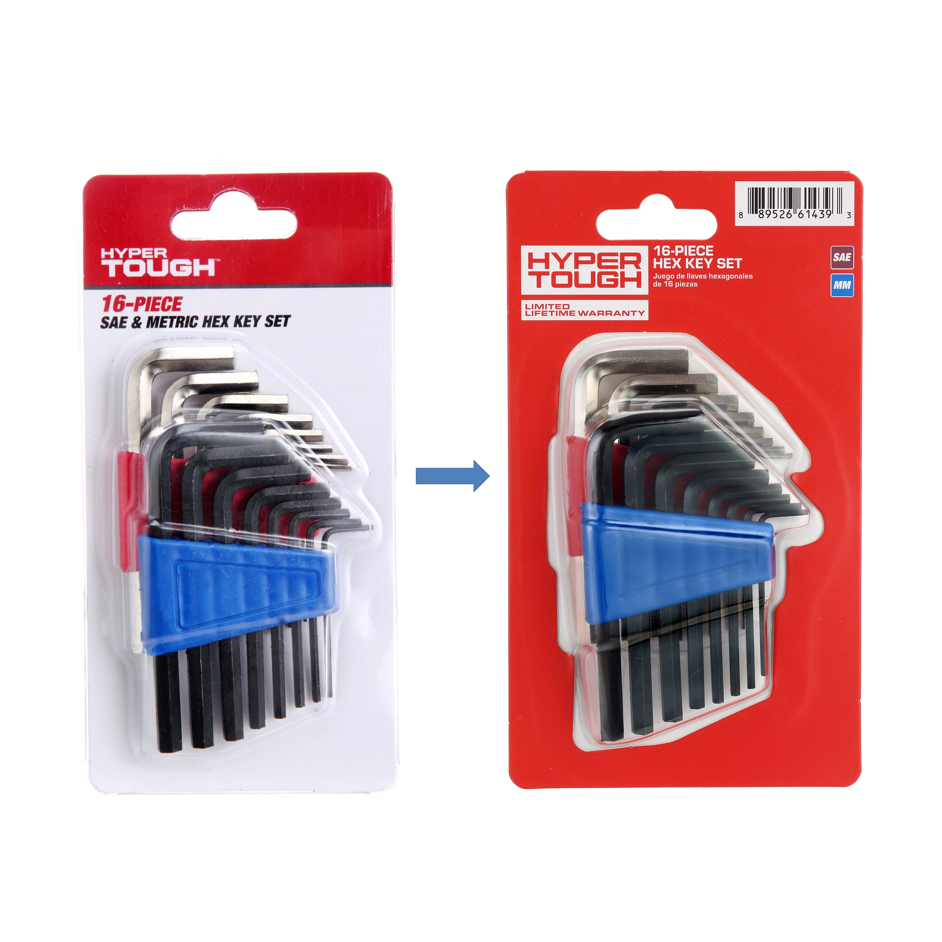 Hyper Tough 16 Piece Hex Key Set with 8 SAE and 8 Metric Sizes