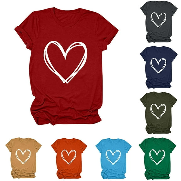 Delliss Women's Top Casual Shirt for Women Funny Love Heart Graphic Crew Neck Short Sleeve Tee Top Loose Summer Top Army Green M