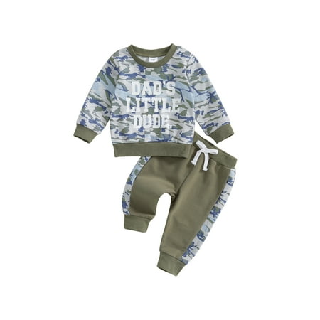 

aturustex Toddler Baby Boy Tracksuit Outfit 0-3T Infant Long Sleeve Sweatshirt Letter Camouflage Print Pullovers Crew Neck Tops and Sweatpants Elastics Kids 2 Piece Spring Fall Daily Clothes