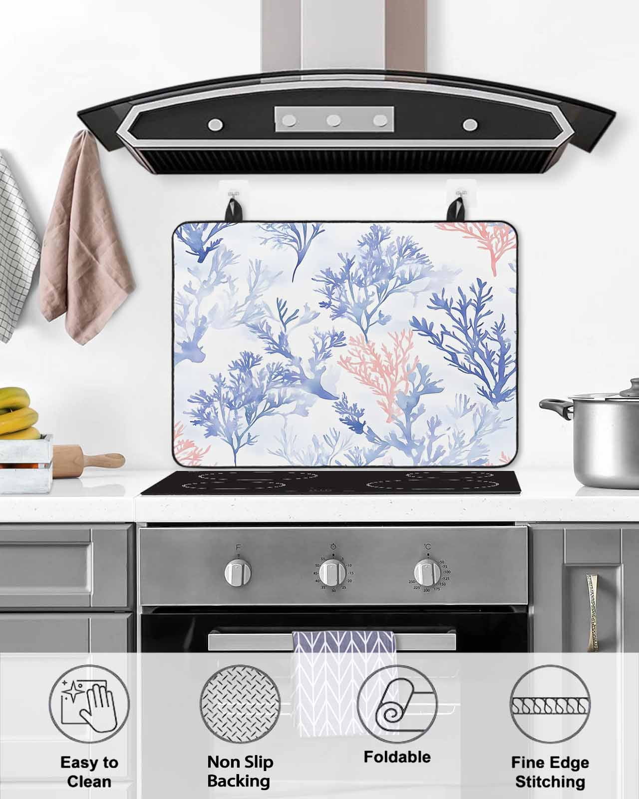 nqOlkjepod Large Induction Cooktop Protector Mat 36"x21", Blue Coral Coastal Stove Top Covers for Electric Stove, Watercolor Ocean Watercolor Stove Burner Cover Mats, Glass Top Stove Cover