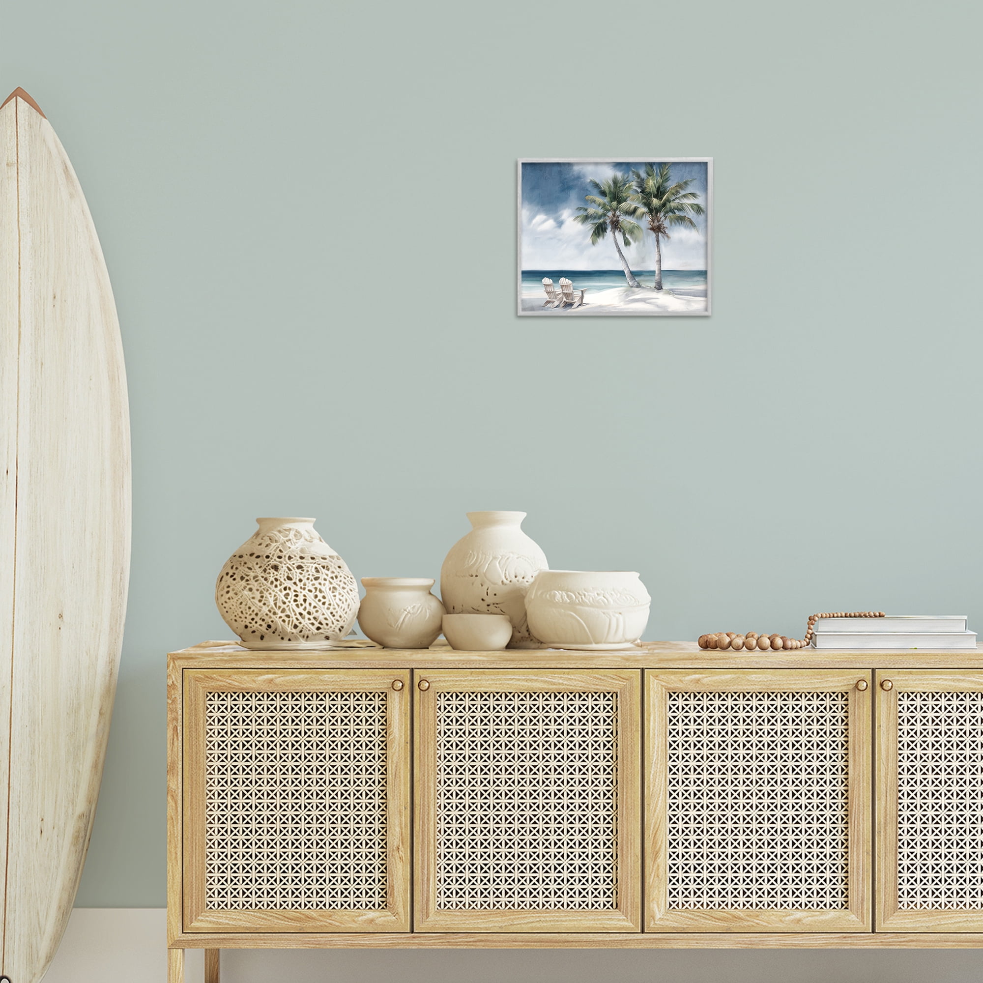 Stupell Industries Peaceful Tropical Landscape Coastal Painting Gray Framed Art Print Wall Art, 14 x 11