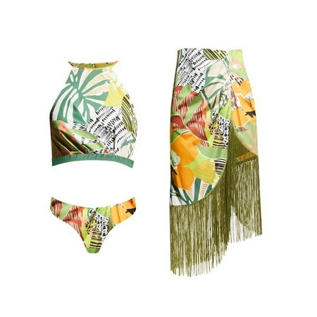 Dihao Womens Swimsuit Women s Summer Floral Printed Bikini Set 3 Piece Straps Bikini Deep V Tops+ Underwear+ Cover up Dress Three Piece Sexy Split Swimsuit Set Three Piece Swimsuit Set