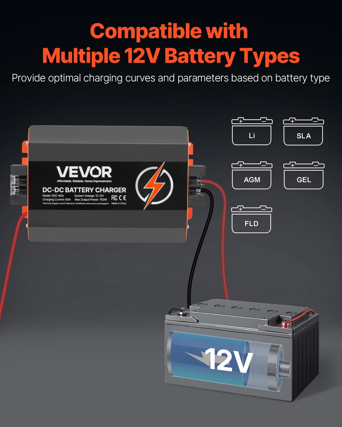 VEVOR 12V 60A DC to DC Battery Charger, 750W, On-Board Battery Charger for Lead-Acid, Lithium, AGM, GEL, and Flooded Batteries, Smart Multi-Stage Charging, for RVs, Commercial Vehicles, Boats