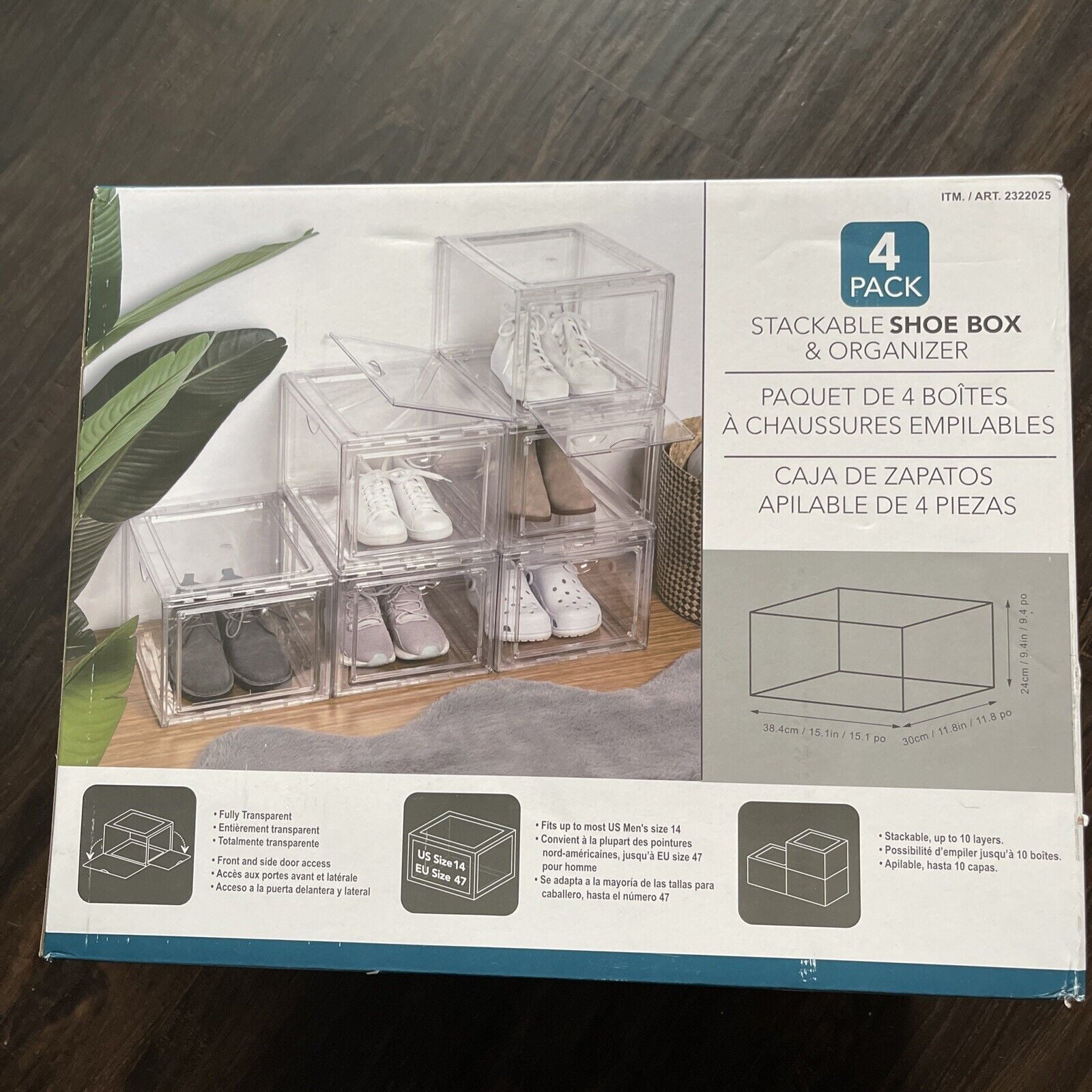 Standby Stackable Shoebox & Organizer, 4pack storage containers 15x12x9 inches