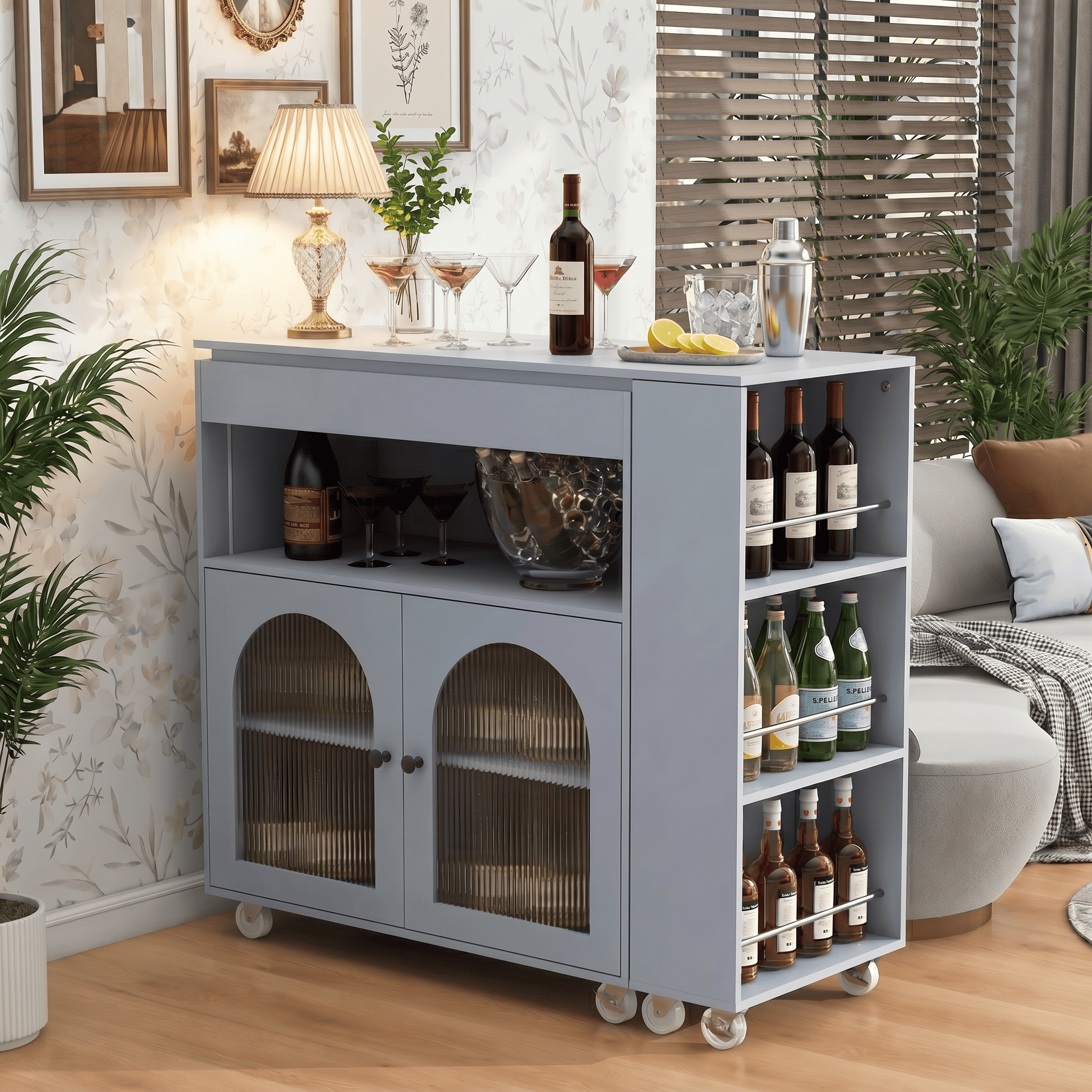 Homy Casa 56" Portable Rolling Kitchen Island Cart with Power Outlet, LED Storage and Extendable Table, Gray Blue