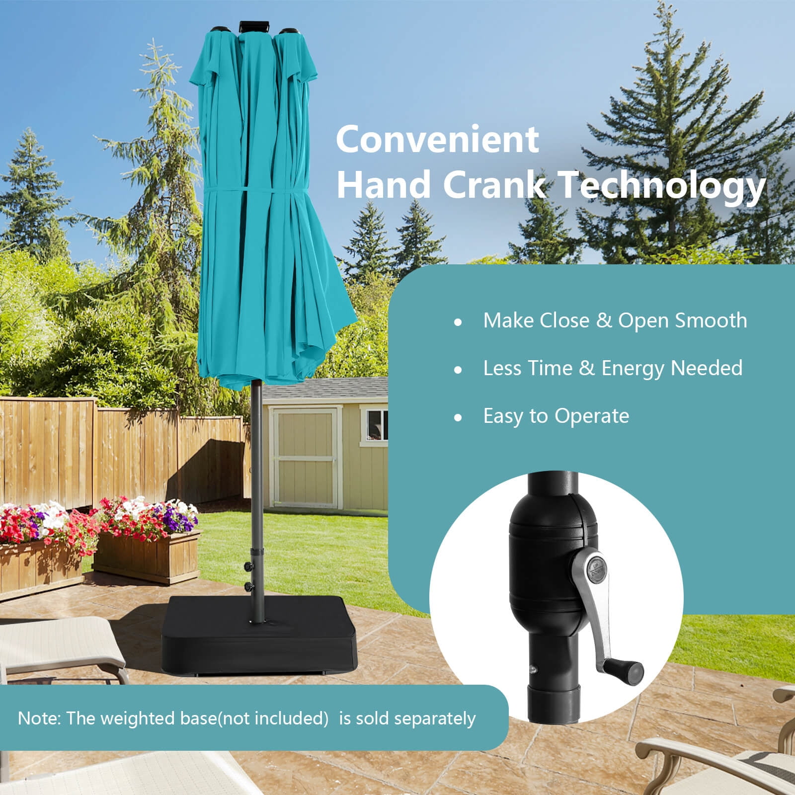Costway 15 FT Twin Patio Double-Sided Umbrella 48 Solar LED Lights Crank Outdoor Turquoise