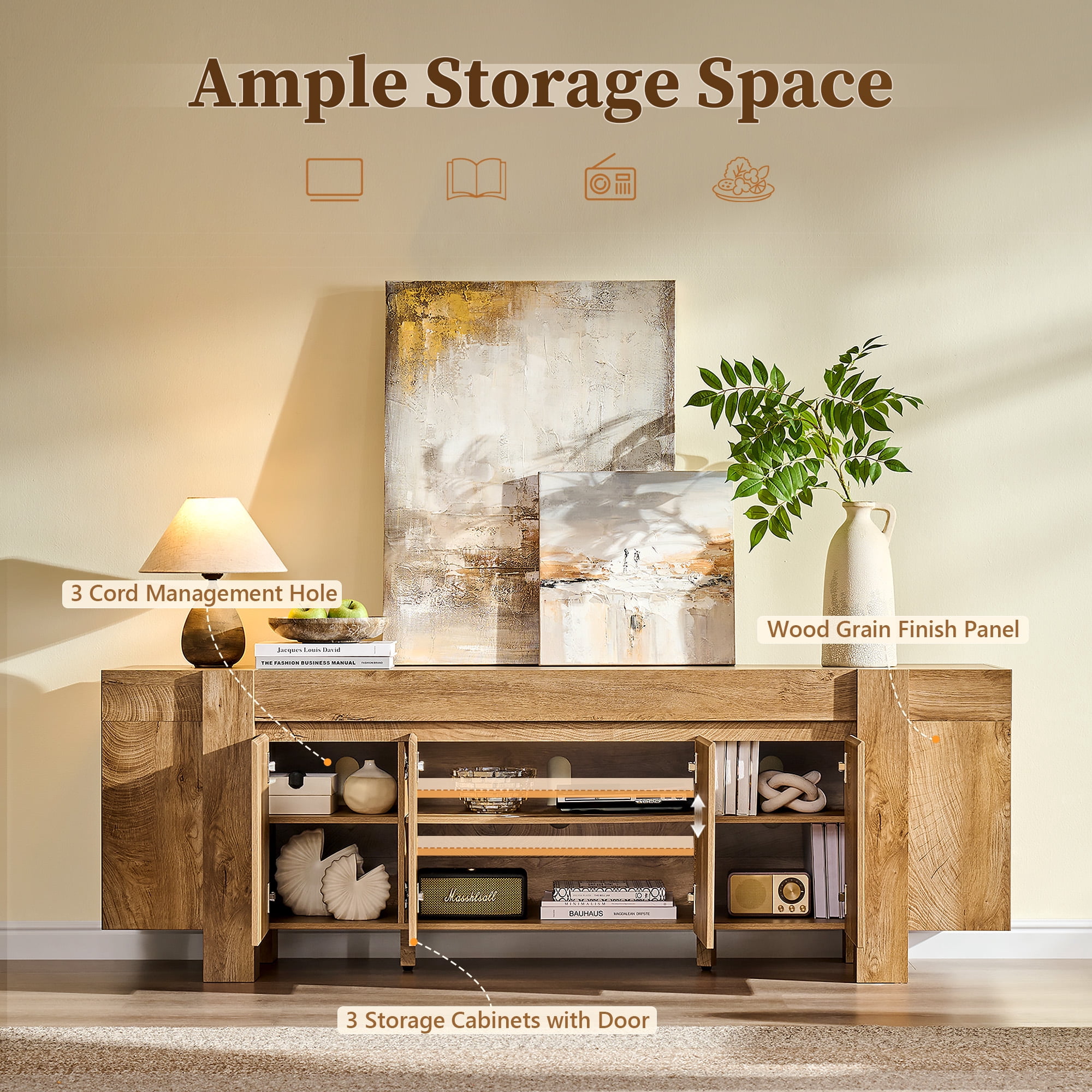 KeyWhat Modern TV Stand for TVs Up to 80", Storage Cabinet, 6 Compartments, Hidden Handles