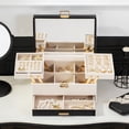 thumbnail image 4 of Casegrace 3-Tier 3D Structure Jewelry Box with Double-Sided Pull-Out Tray, Striped Color-Block PU Leather Jewelry Storage Box, Built-in Mirror, Layered Expandable Portable Jewelry Organizer Case, 4 of 10