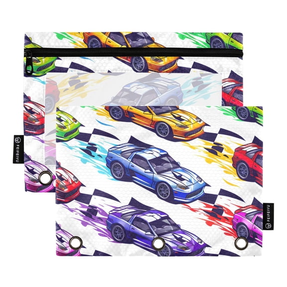 ALAZA 2 Pack Pencil Pouch Cartoon Race Cars Pencil Case for 3 Ring Binder Clear Window Pencil Bag Organizers