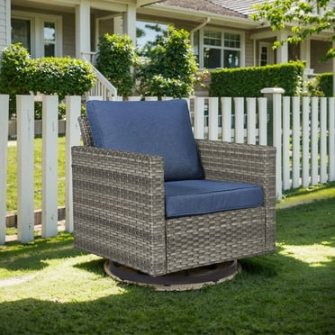 Gymojoy 1-Piece Outdoor Swivel Glider Chair, Patio Swivel Rocking Lounge Chair with Navy Cushions