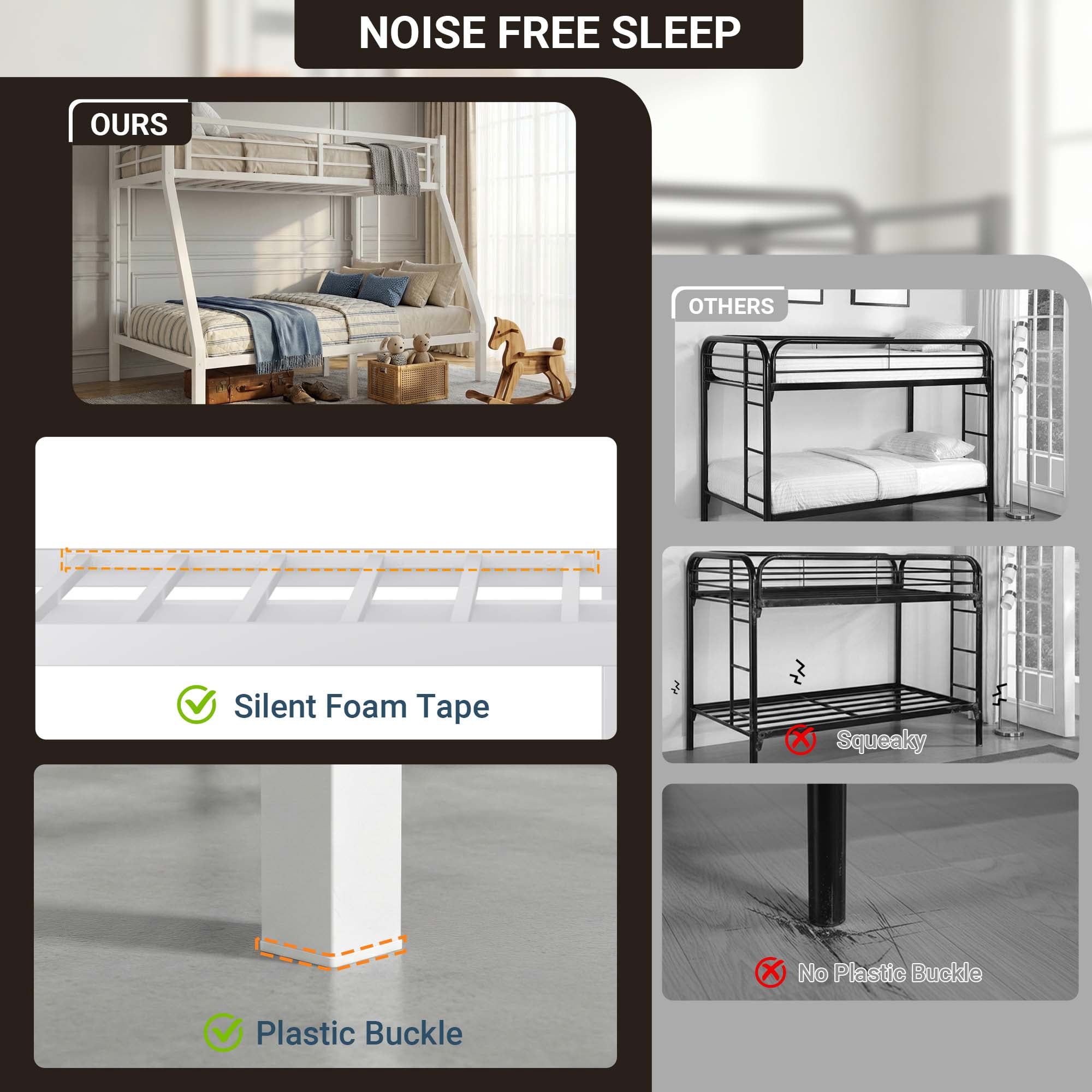 Miniyam Twin Over Full Metal Bunk Bed Frame with Ladder and Guardrails, White