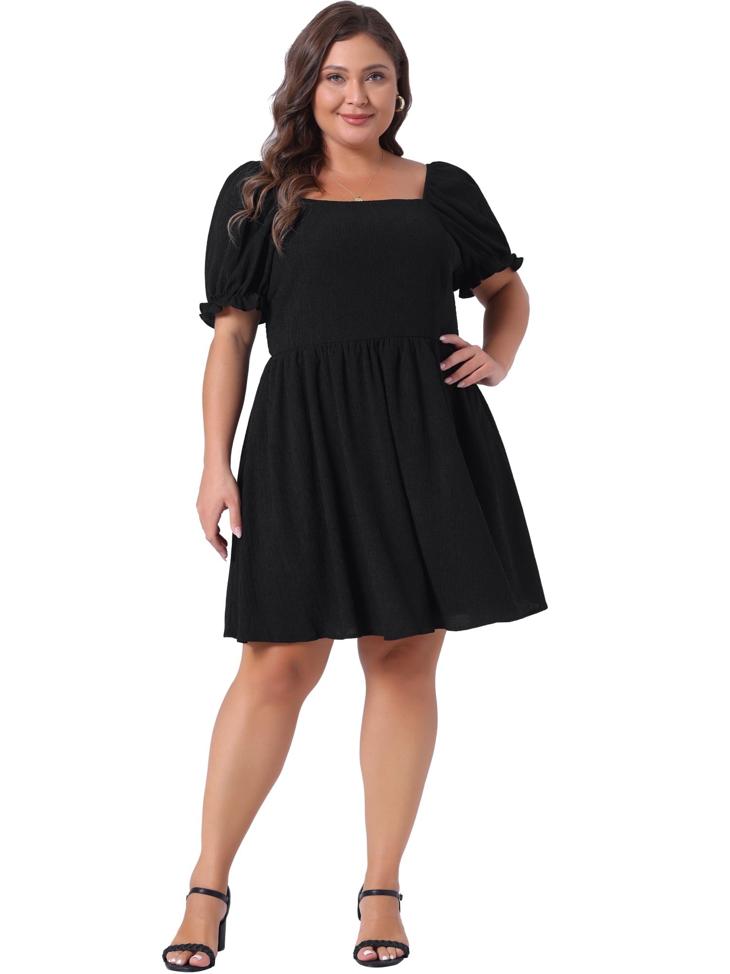 DARING DIVA Plus Size Square Neck Puff Sleeve A-Line Mini Short Dress 4X Black