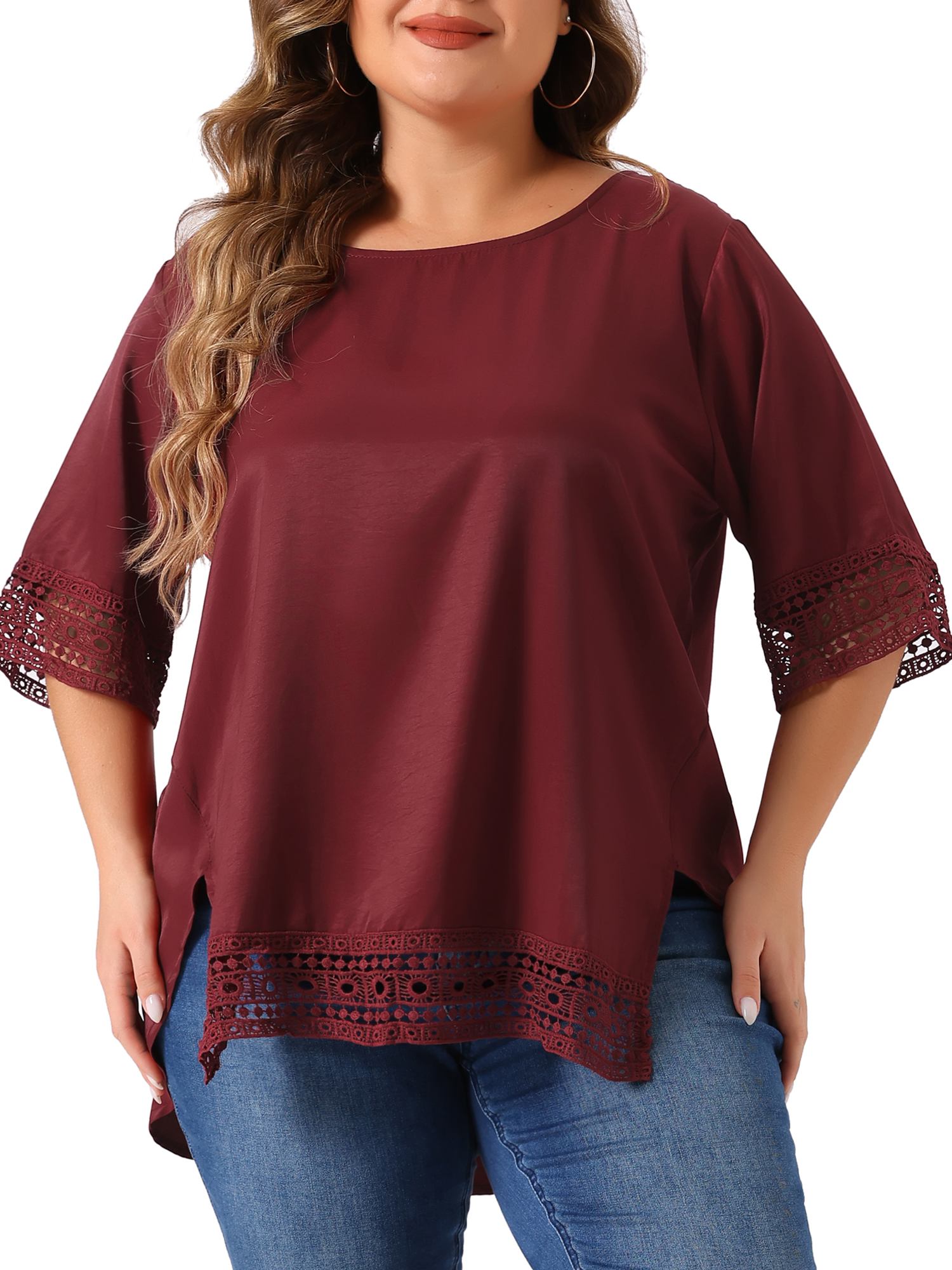 Women's Plus Summer Tops Lace Crochet Short Sleeve Casual Blouses 4X Burgundy