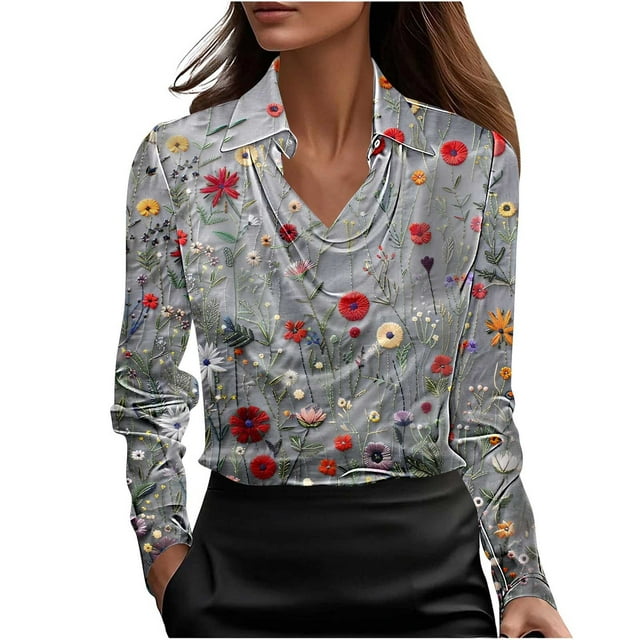 Printed Drop Neck Tunic for Women Boho Floral Pattern Long Sleeve Top with Button Front Relaxed Casual Blouse