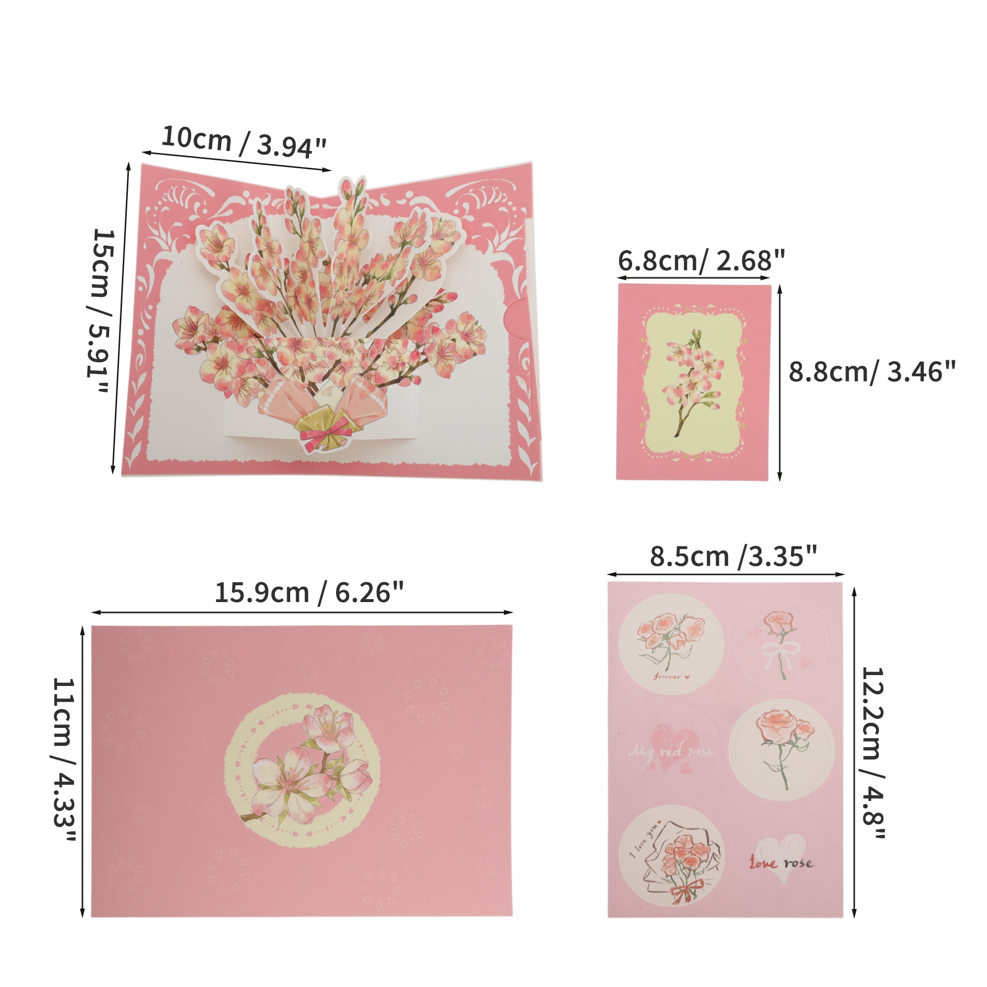 Unique Bargains Floral Pops Up Card 3D Greeting Cards with Envelope Pink Cherry Bouquet