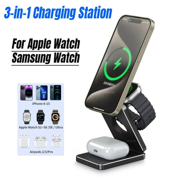 Foldable Magnetic Wireless Charger 3 in 1 Charging Station for Apple, Fast Magnetic Charger Stand for iPhone 16 15 14 13 12 Series, 5W for iWatch, AirPods 3/2/Pro