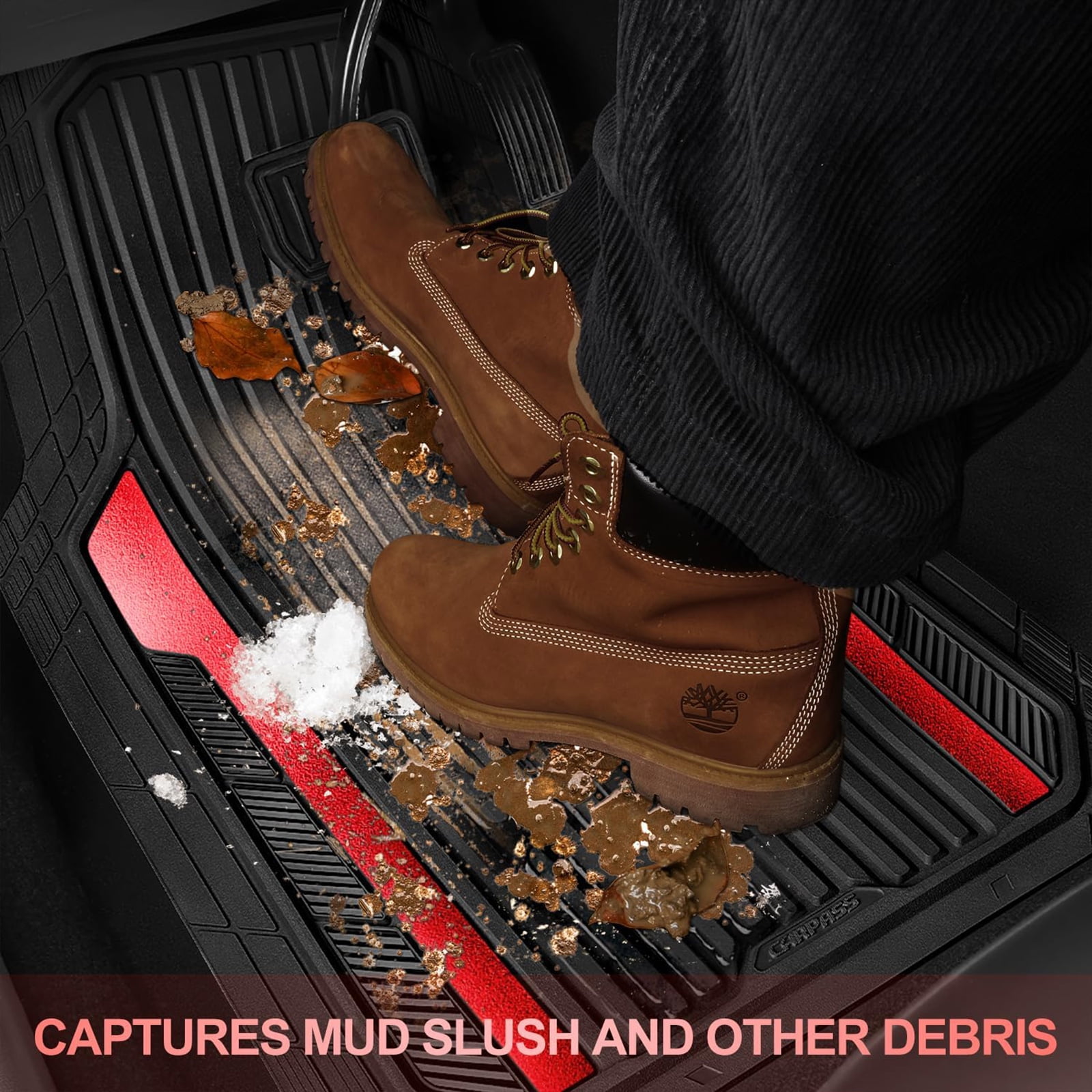 CAR GRAND Heavy Duty Rubber Car Floor Mats, Deep Dish Car Mats All Weather, Universal Trim-to Fit Automotive Floor Mats for Car SUV Truck Van, Durable Floor Liners waterproof anti-slip Black Red