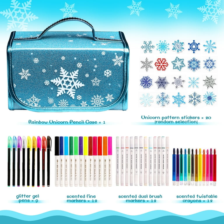 Hot Bee Fruit Scented Markers Set 56 Pcs with Snow Pencil Case,Snow Gifts for Girls Ages 4-6-8, Art Supplies for Kids, Blue