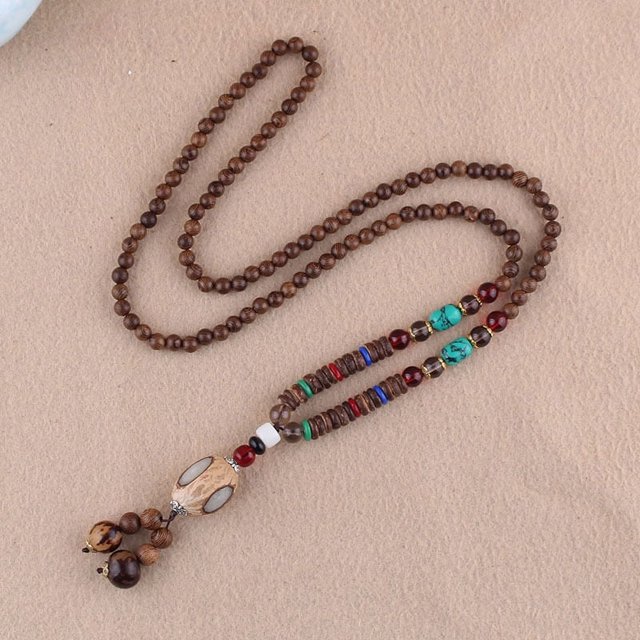 Cadena de suéter larga de madera estilo étnico retro, colgante Bodhi, collar de cuentas de madera, colgante de algodón y lino para hombres y mujeres, accesorios