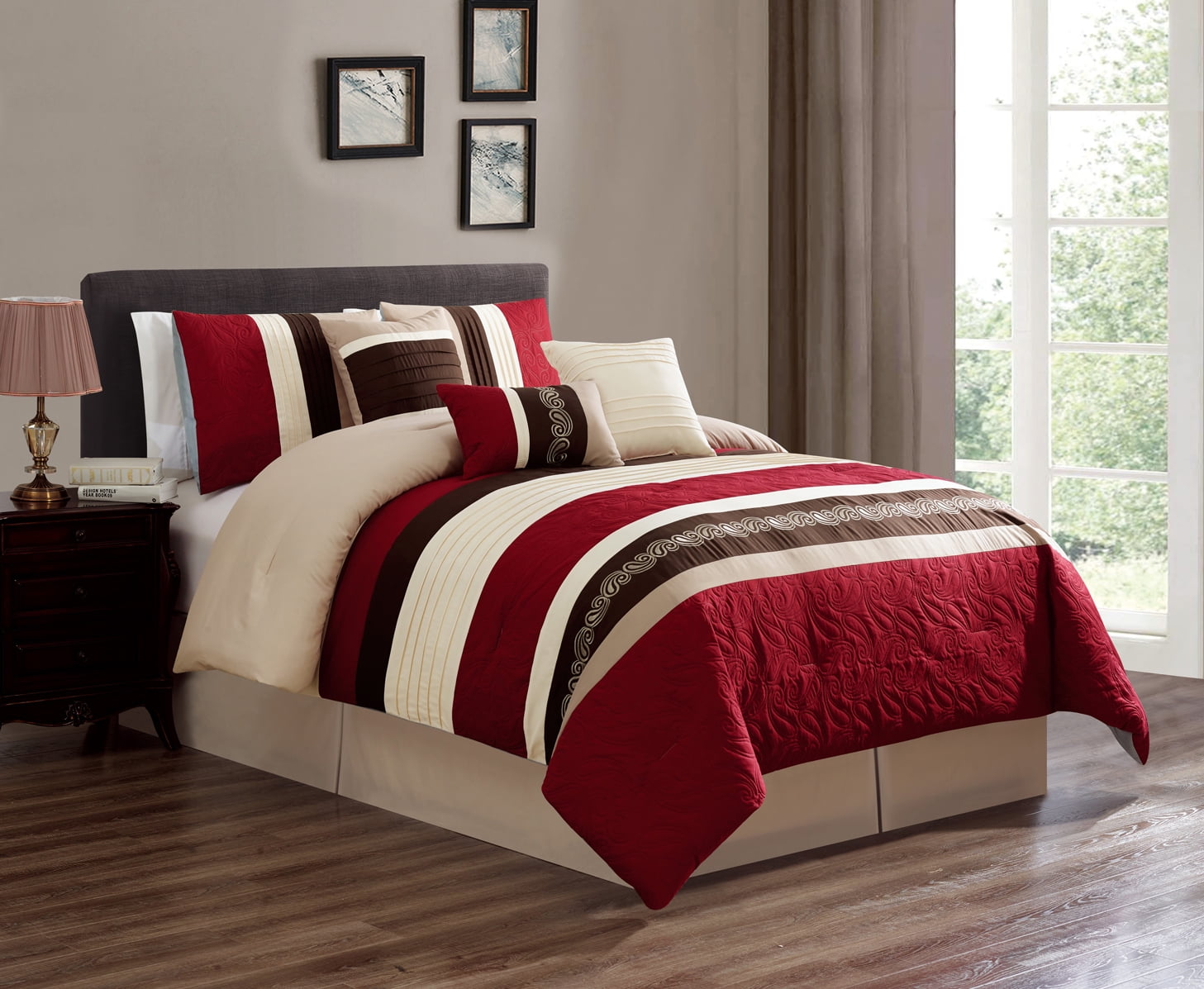 Unique Home 7 Piece Comforter Set Red Striped Medallion Bed in a Bag