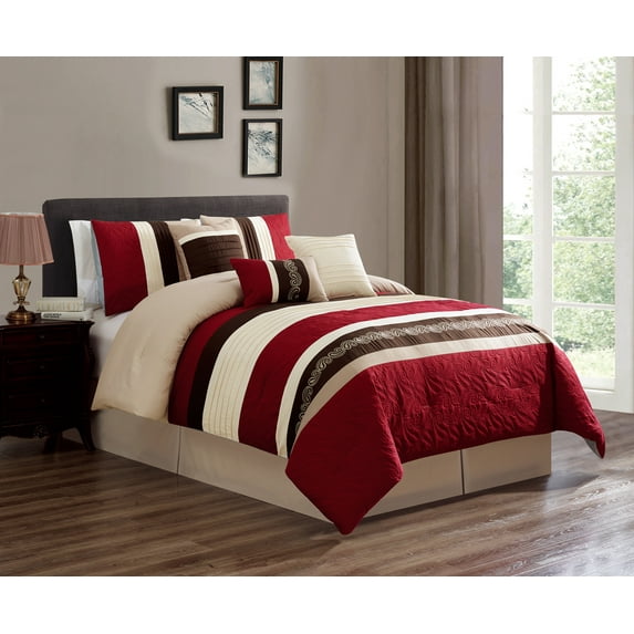 Unique Home 7 Piece Comforter Set Red Striped Medallion Bed in a Bag Clearance Bedding Comforter Duvet, Fade Resistance, Super Soft (King, Red)