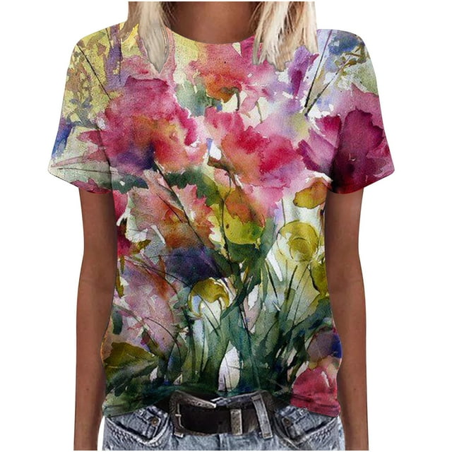 Blusa informal de manga corta con cuello redondo y estampado de verano a la moda para mujer Pompotops hfajkhk134844