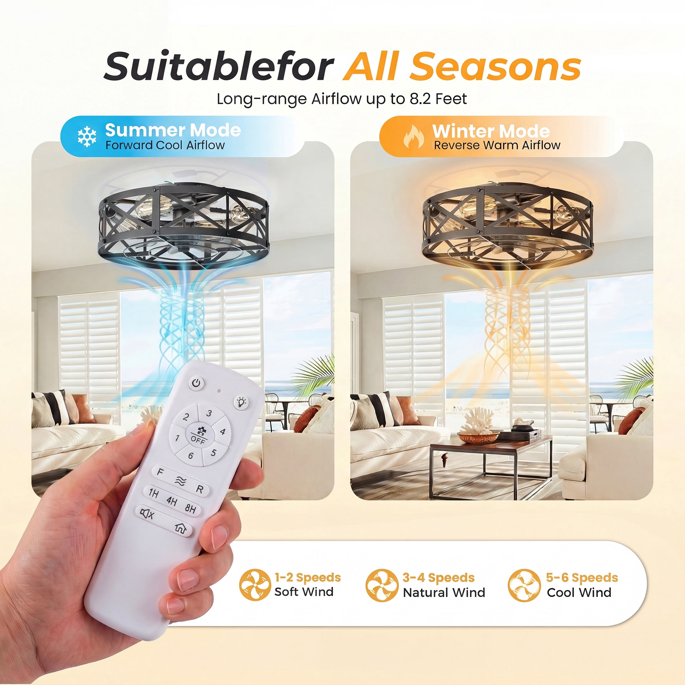edx 22" Farmhouse Flush Mount Ceiling Fan with Light & Remote, Reversible Blades, Bladeless Safety Cage, 6 Speeds, 8H Timer, Rustic Low Profile Ceiling Fan for Bedroom Kitchen Living Room, Gold