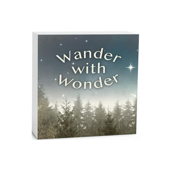 Wander With Wonder Blue Sky Stars Trees 5 x 5 Wood Tabletop Sign Plaque