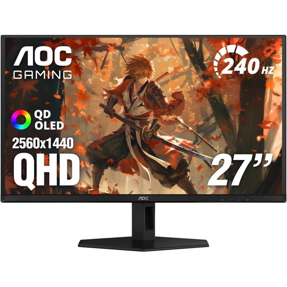 Restored AOC 27" QD OLED Gaming Monitor, QHD 2560x1440, 240Hz, 0.03ms GtG, G-SYNC Compatible, HDR Ready, DisplayPort, HDMI, VESA Mountable, Console Gaming Ready, Q27GAZD