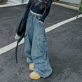 thumbnail image 6 of MKOSPLRT Girls Oversized Cargo Jeans High Waist Wide Leg Palazzo Jeans Baggy Ruched Denim Pants Retro Straight Leg Jeans with Pocket, 6 of 7