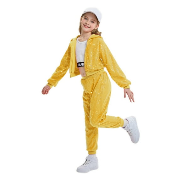 LOLANTA 2Pcs Girls Dance Outfits Cropped Sequin Jacket Pants Set Kids Hip Hop Dance Clothing for 90s Theme Party 4-12 Years