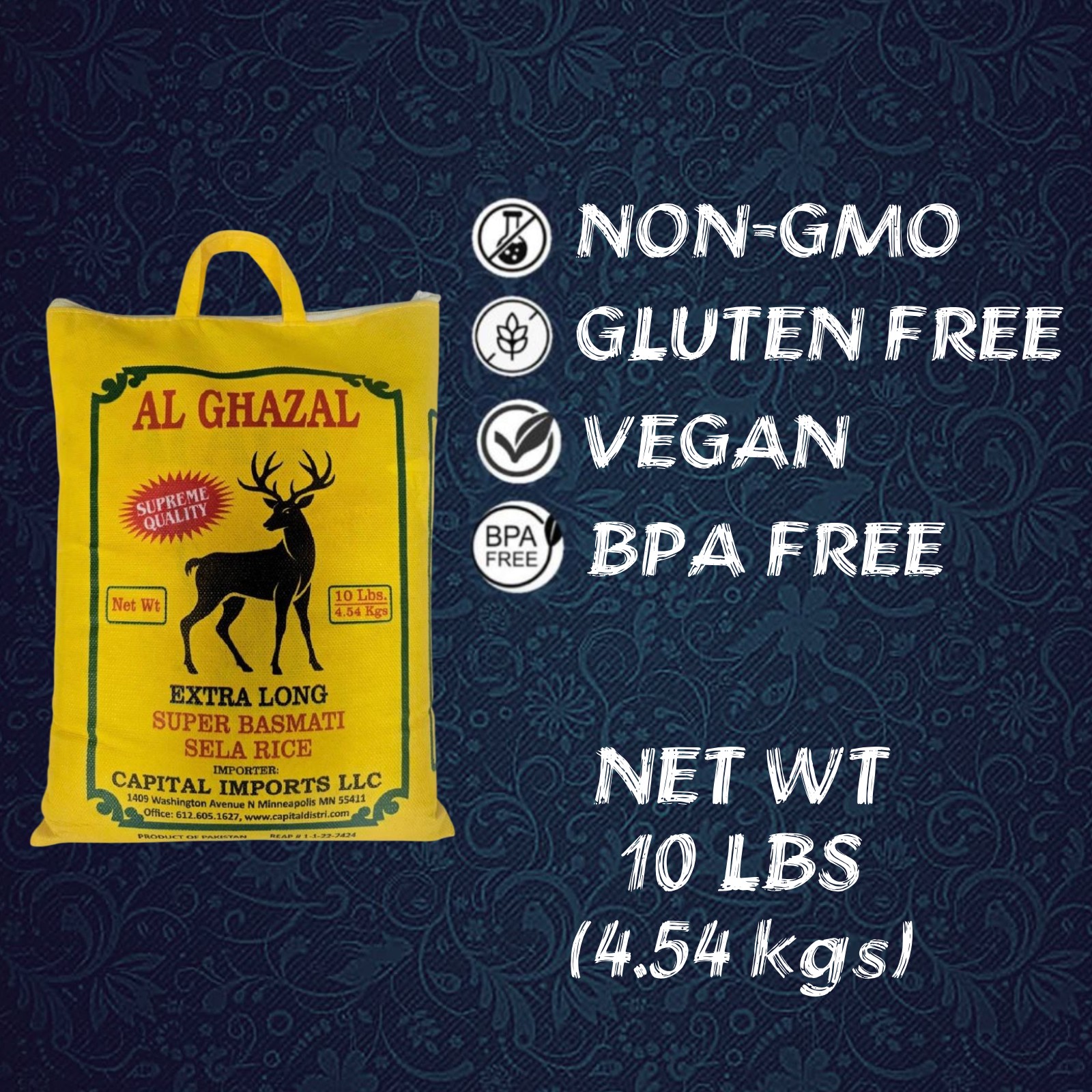 Al Ghazal Basmati Sela Rice Extra Long Super Basmati sela  10 Lbs / 4.54 kg, Non GMO, Extra Long Basmati Rice, White Rice, Vegan Dried Rice, BPA & Gluten Free, Zip Lock Bag, Non Sticky Grain