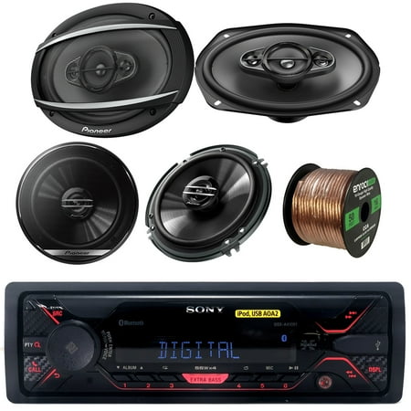 Sony DSX-A410BT Single DIN Car Stereo Receiver, 2x Pioneer 6.5" 2 Way Speakers, 2x Pioneer TSA6967S 6"x9" Inch 450W 4-Way Car Coaxial Speaker, Enrock Audio 16G 50' Speaker Wire