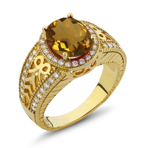 Gem Stone King 2.92 Ct Oval Whiskey Quartz 18K Yellow Gold Plated Silver Ring