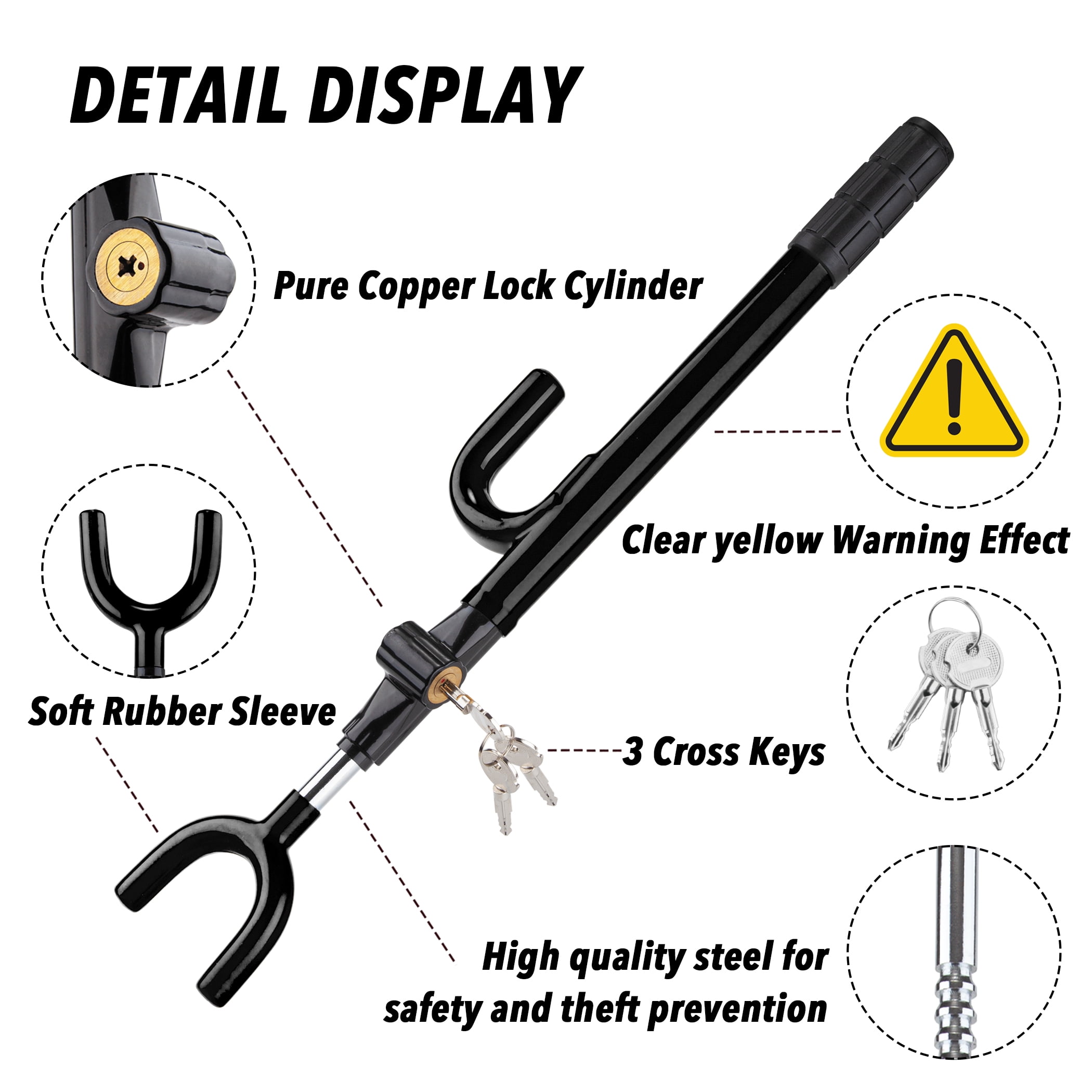 CARTMAN Vehicle Steering Wheel Lock Car Anti Theft Security Lock with Adjustable Length Fit for Cars Trucks Vans and SUVs, Black