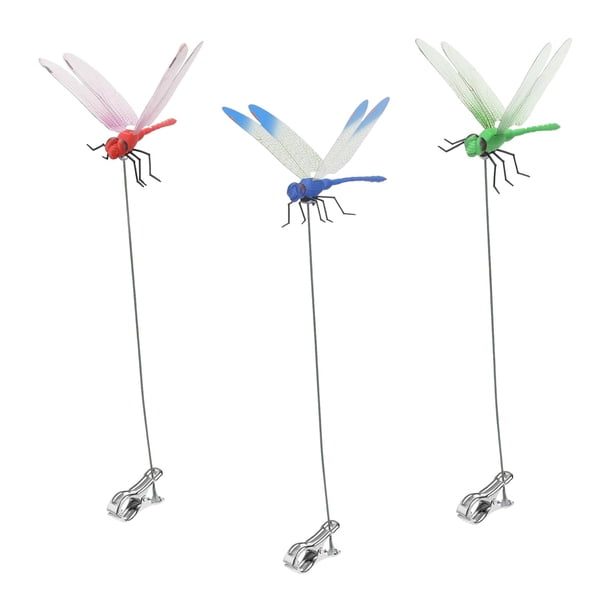 3 uds estacas de libélula artificiales adornos de jardín libélula 3D Clips decorativos de jardín Clip de libélula falsa para jardín al aire libre kusrkot Clips falsos para postes de libélula
