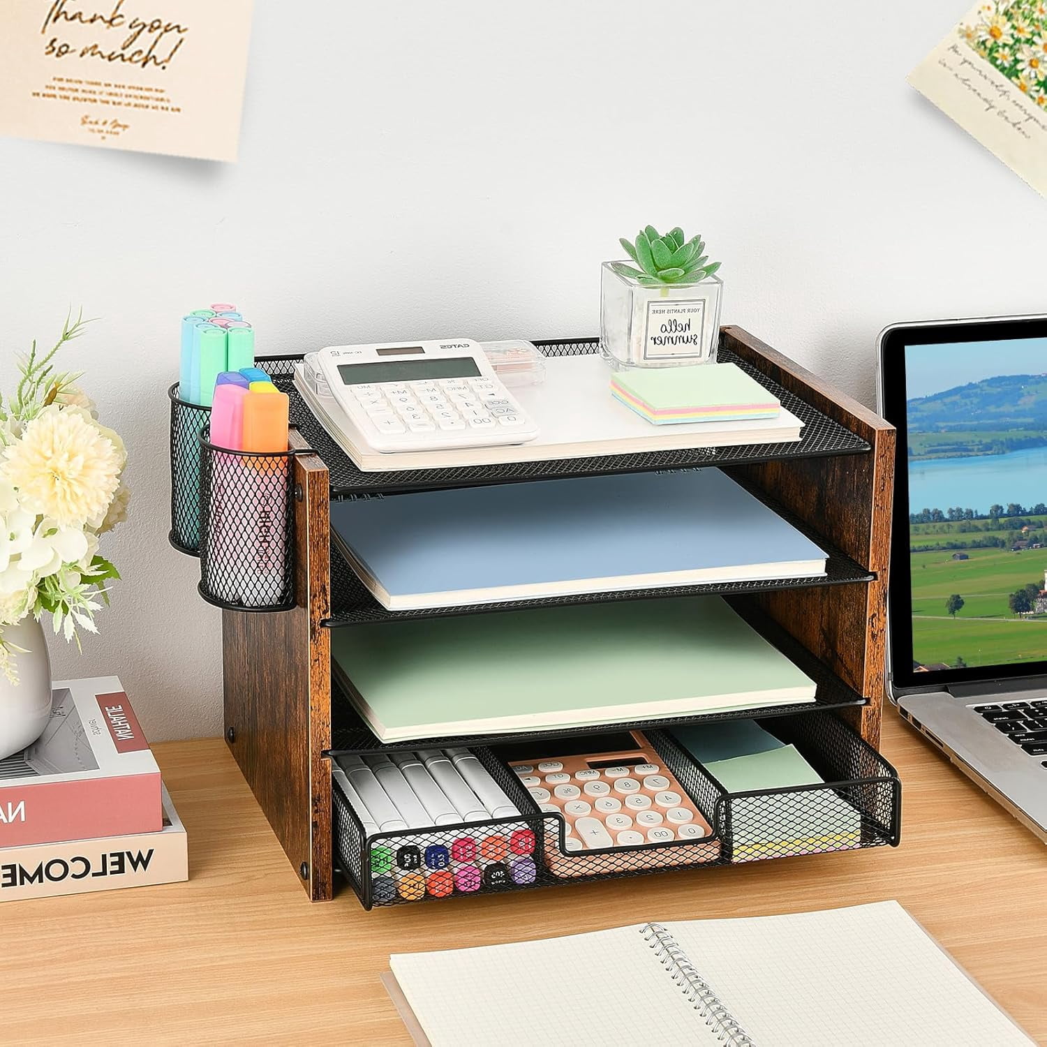 Desk Organizer and Accessories, 4-Tier Paper Letter Tray File Organizer with Drawer & 2 Pen Holder, Office Desk Accessories Workspace Desktop Organizer for Office Supplies(Brown)