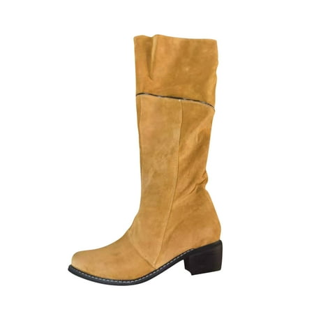 

KBKYBUYZ Women s Suede Knee Length Round Toe Side Zipper Warm Low Heel Rider Boots
