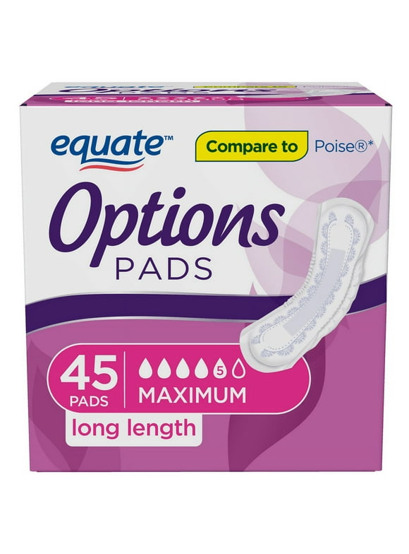 Equate Options Women's Bladder Control Pads, Maximum Absorbency, Long Length (45 Count)