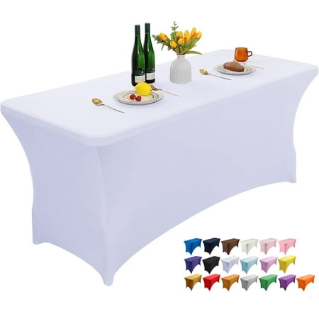 

Wolfway 4FT White Stretch Spandex Table Cover Washable and Wrinkle Resistant Kitchen Spandex Tablecloth Fitted Rectangular Table for Party Banquet Weddings Cocktail and Festival