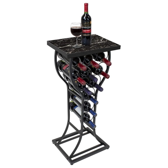 Wine Rack Console for Home Bar - Mini Wine Stand with Faux Black Marble Table Top - Durable Metal Freestanding Wine Storage Cabinet Shelf - Wine Racks Free Standing Floor Holds 11 Wine Bottles