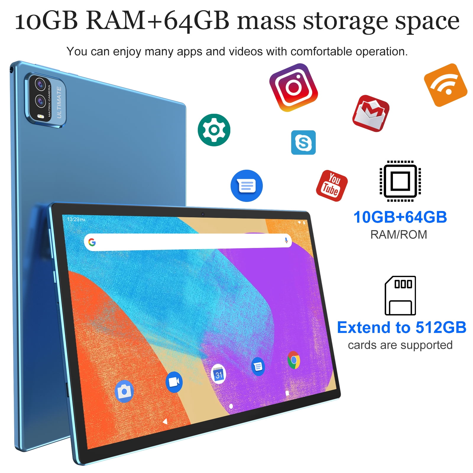 Android 13 Tablet 10 inch Tablets with Keyboard, 10GB RAM 64GB ROM Quad Core Tablet PC, 2 in 1 Tablet include Case Mouse Stylus Film, WiFi, Bluetooth, 6000mAh Battery, HD Screen, GMS Certified, Blue