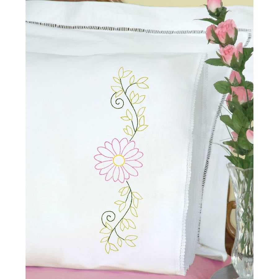 Stamped Pillowcases with White Lace Edge, 2pk