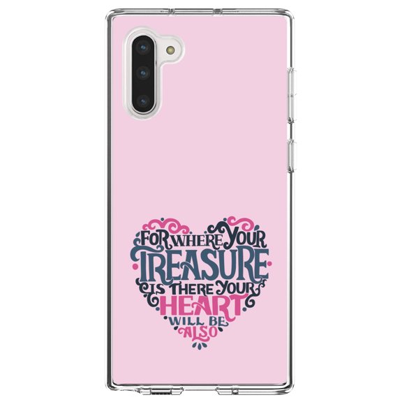 DistinctInk Clear Shockproof Hybrid Case for Samsung Galaxy Note 10 (6.3" Screen) - TPU Bumper, Acrylic Back, Tempered Glass Screen Protector - For Where Your Treasure Is There Your Heart Will Be