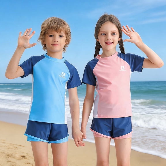 SOFTCCLO Girls Swimsuit Two Piece Printed Conservative Short Sleeve Tops Shorts Swimming Set Casual Swimwear for Kids Size 7-8Y