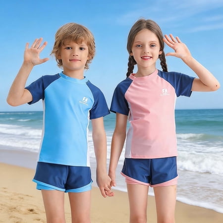 Girls Swimsuit Two Piece Printed Conservative Short Sleeve Tops Shorts Swimming Set Casual Swimwear for Kids Pink 13-14 Y