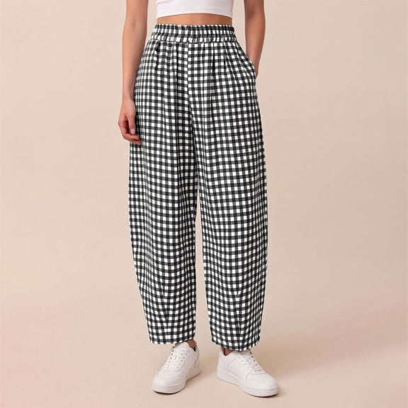Women's Plaid High Waist Wide Leg Cropped Pants, Loose Relaxed Fit Barrel Trousers with Side Pockets, for Spring Summer Daily Wear, Travel or Casual Outfits Black L