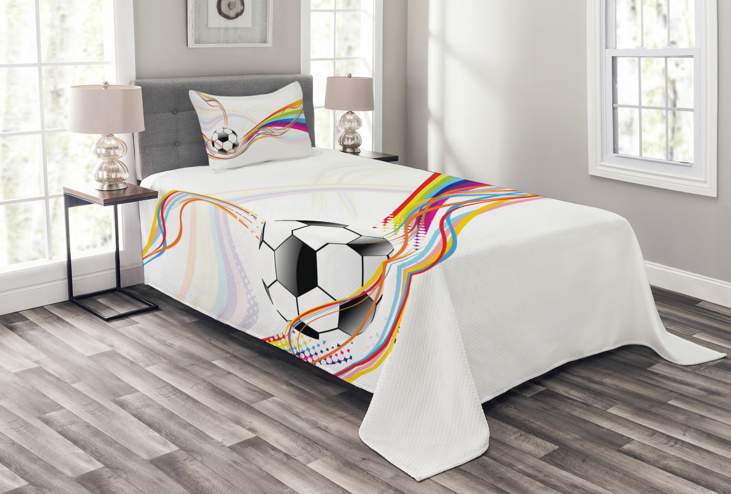 Soccer Bedspread Set Twin Size, Rainbow Patterned Swirled Lines Abstract  Football Pattern Colorful Stripes Design, Quilted Piece Decor Coverlet Set  with Pillow Sham, Multicolor, by Ambesonne
