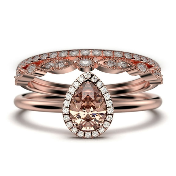 Beautiful Art Deco 2.25 Carat Pear Cut Affordable Morganite And Diamond Moissanite Engagement Ring, Classic Wedding Ring, Two Matching Band in 10k Solid Rose Gold,Promise Ring, Anniversery Ring