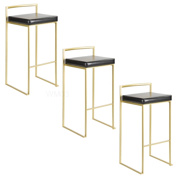 Set of 3 Stackable Bar Stools with Padded Seats, Gold Metal Frame and Black Faux Leather Upholstery for Kitchen